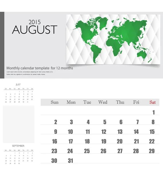 Einfacher Kalender 2015, August. Vektorillustration. — Stockvektor