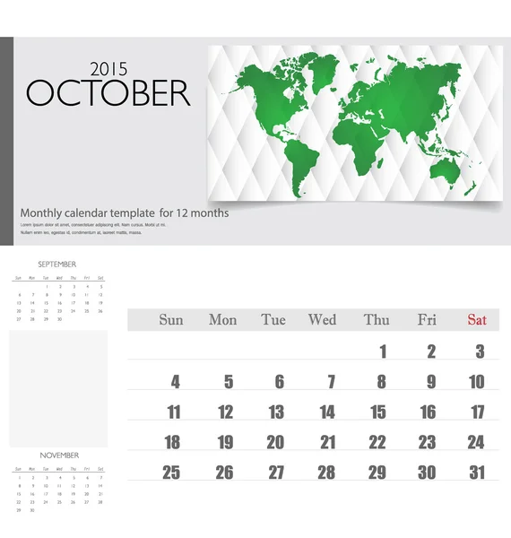 Eenvoudige 2015 kalender, oktober. vectorillustratie. — Stockvector