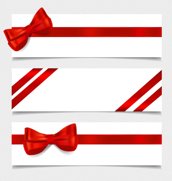 Kort med röda gåva bågar och röda band. vektor illustration. — Stock vektor
