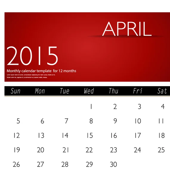 Eenvoudige 2015 kalender, april. vectorillustratie. — Stockvector