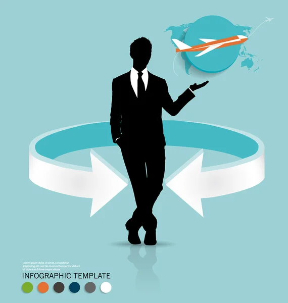 Modern infographics template style. Businessman with plane. Vect — Stock Vector