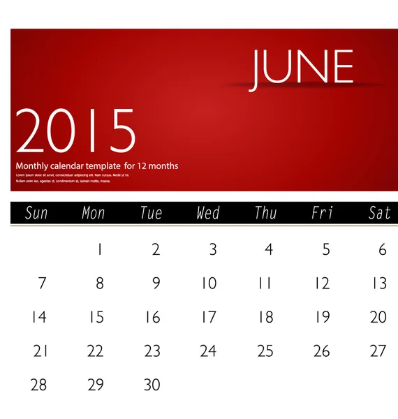 Simple 2015 calendar, June. Vector illustration. — Stock Vector