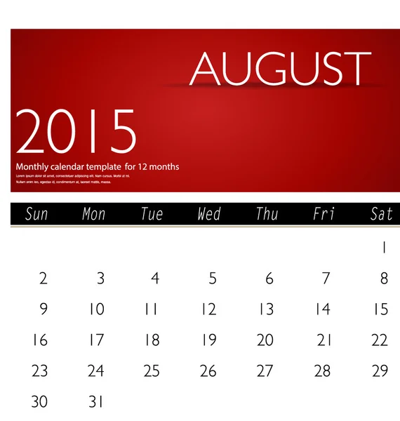 Semplice calendario 2015, agosto. Illustrazione vettoriale . — Vettoriale Stock