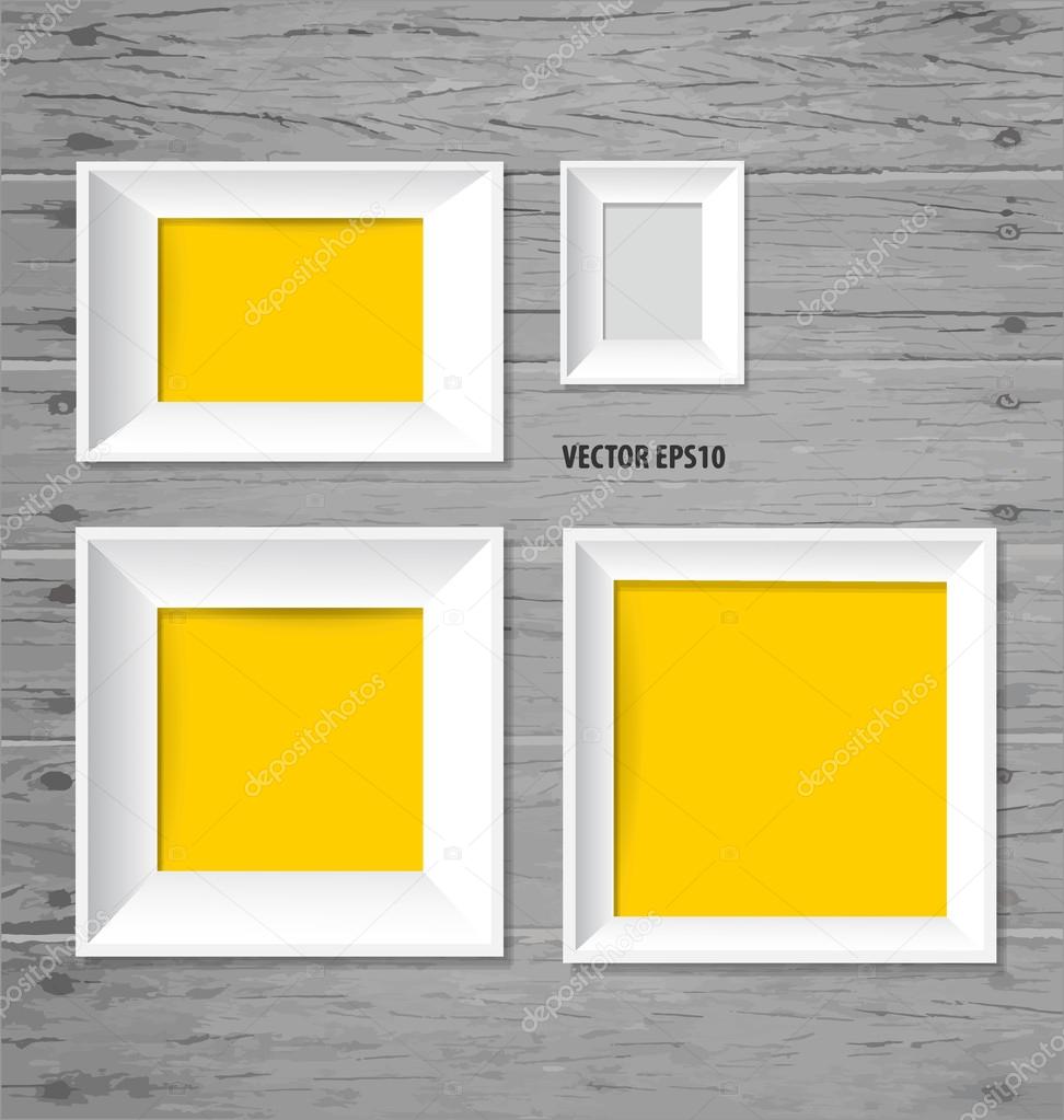 White modern frames on the wood wall, vector illustration.