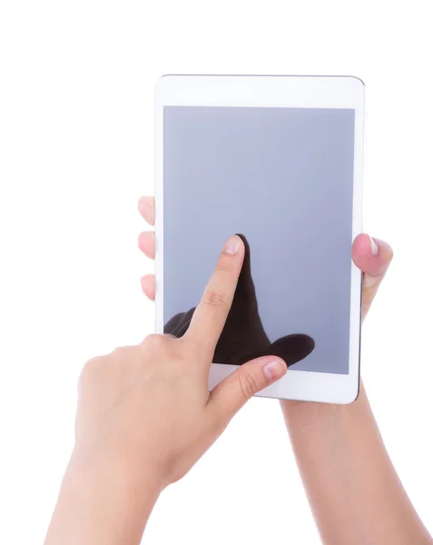 Hand  using a touch screen device against white background — Stock Photo, Image