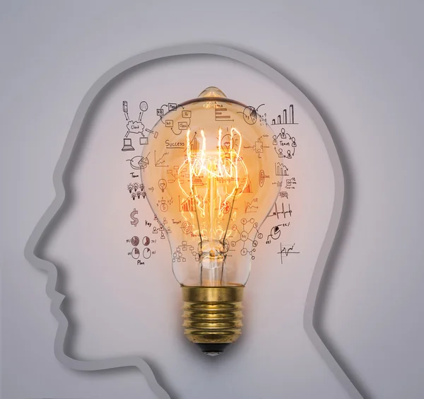 Light bulb with drawing graph inside a head — Stock Photo, Image