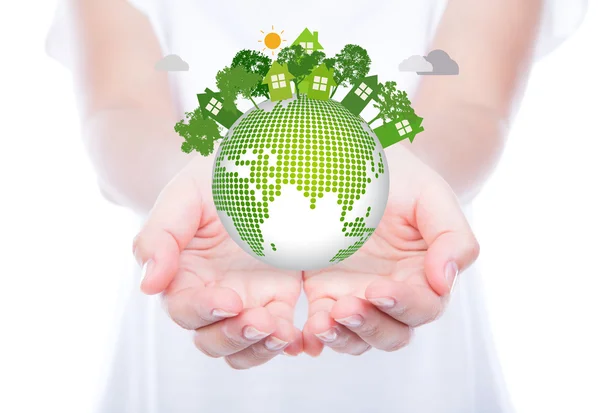 Woman hands over body hold eco friendly earth — Stock Photo, Image