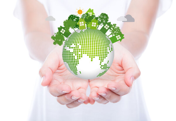 Woman hands over body hold eco friendly earth