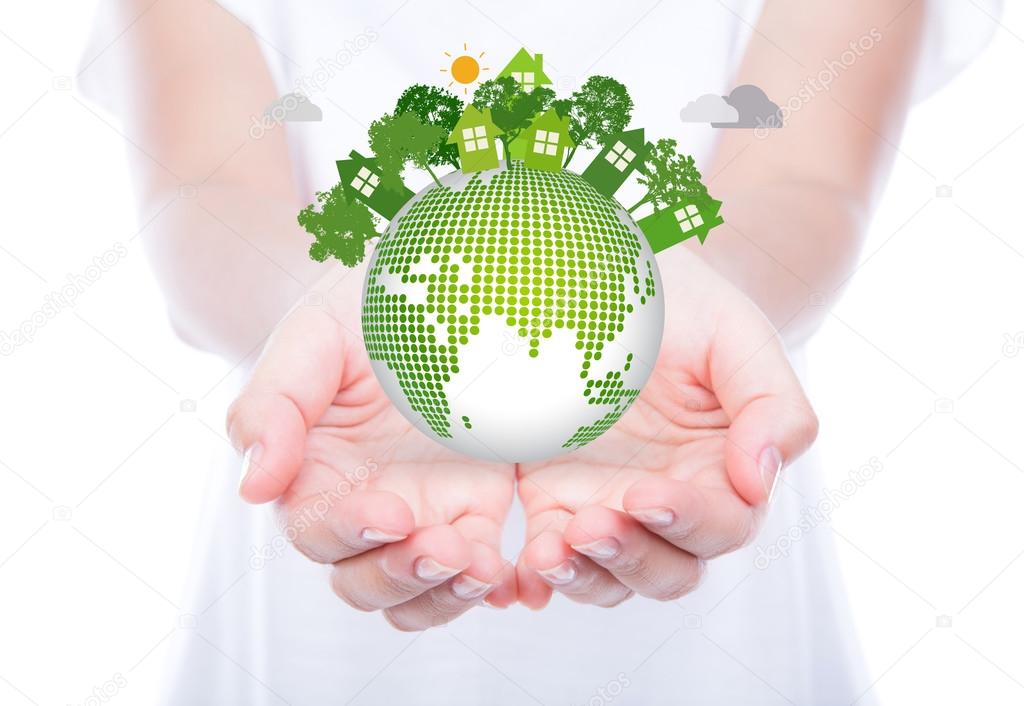 Woman hands over body hold eco friendly earth