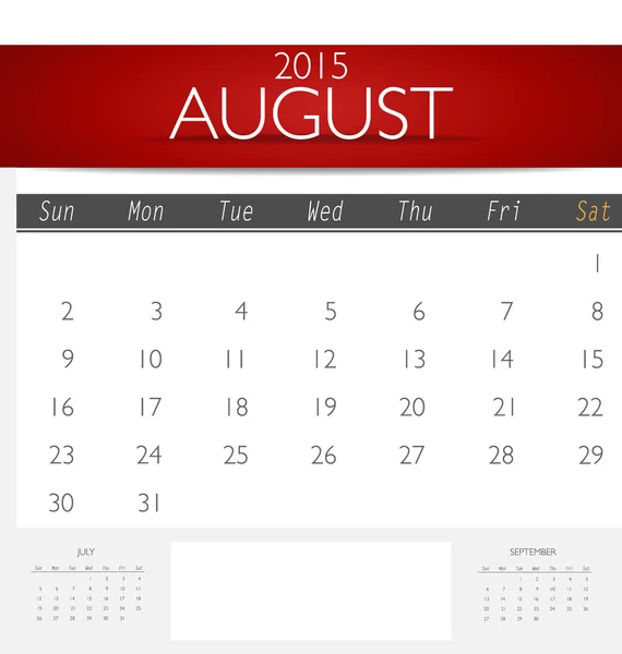 Semplice calendario 2015, agosto. Illustrazione vettoriale . — Vettoriale Stock