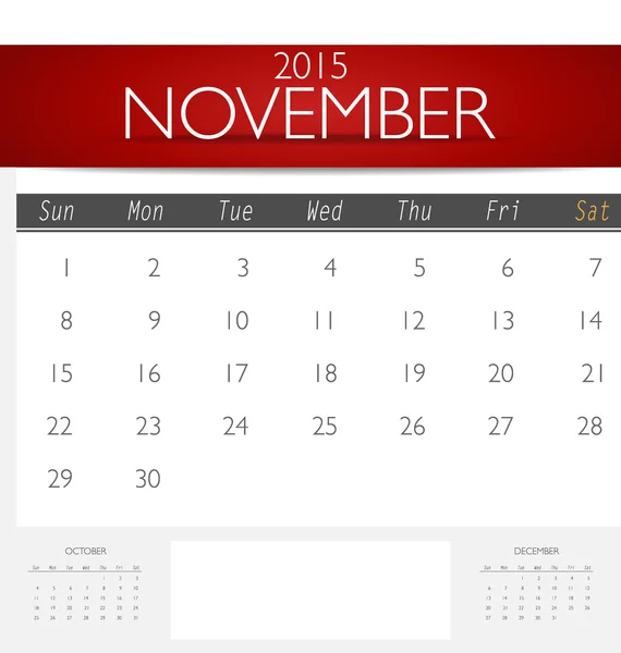 Enkel 2015 kalender, november. vektor illustration. — Stock vektor