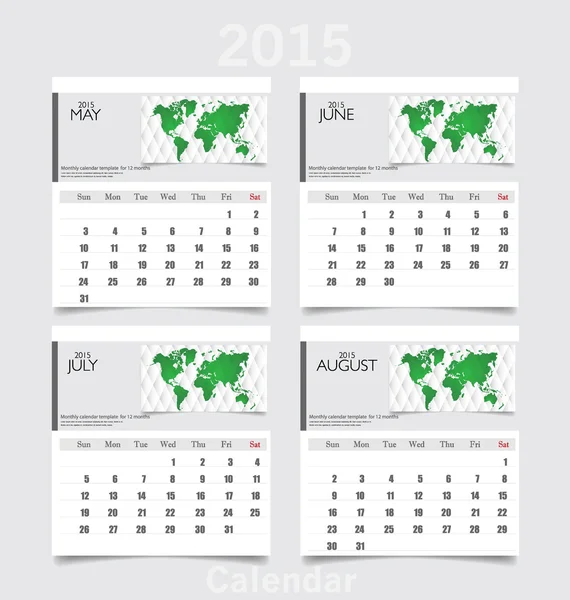Einfacher Jahreskalender 2015 (Mai, Juni, Juli, August). Vektor-Illusion — Stockvektor