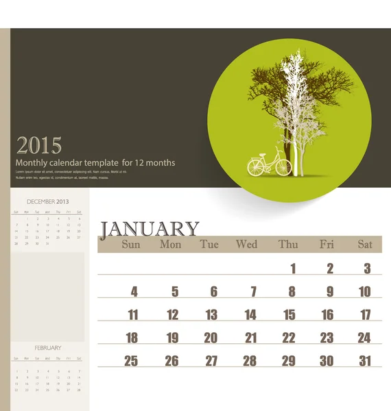 Calendário de 2015, modelo de calendário mensal para janeiro. Vector doente —  Vetores de Stock