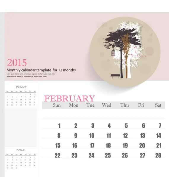 Kalender 2015, templat kalender bulanan untuk Februari. Vektor il - Stok Vektor