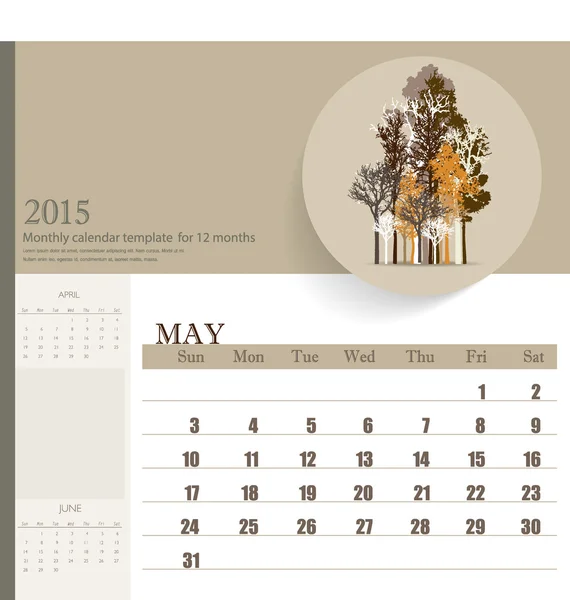 2015 calendario, plantilla de calendario mensual para mayo. Vector illustr — Archivo Imágenes Vectoriales