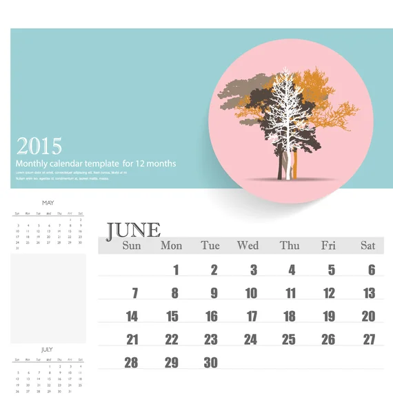 Kalender 2015, templat kalender bulanan untuk bulan Juni. Vektor illust - Stok Vektor