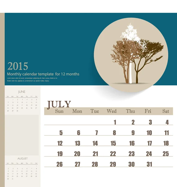 2015 kalender, maandelijks kalendersjabloon voor juli. Vector illust — Stockvector