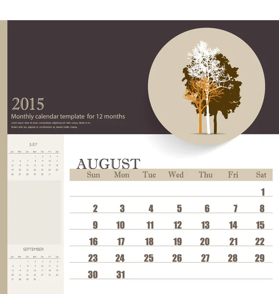 Calendrier 2015, modèle de calendrier mensuel pour août. Vecteur illu — Image vectorielle