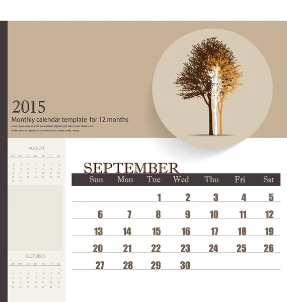 2015 calendario, plantilla de calendario mensual para septiembre. Vector i — Archivo Imágenes Vectoriales