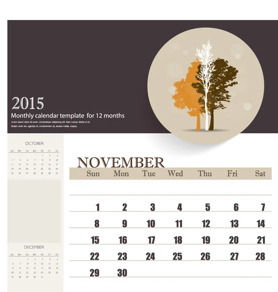 Calendrier 2015, modèle de calendrier mensuel pour novembre. Vecteur il — Image vectorielle