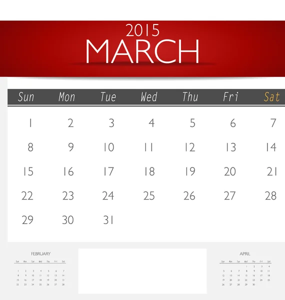 Enkel 2015 kalender, mars. vektor illustration. — Stock vektor
