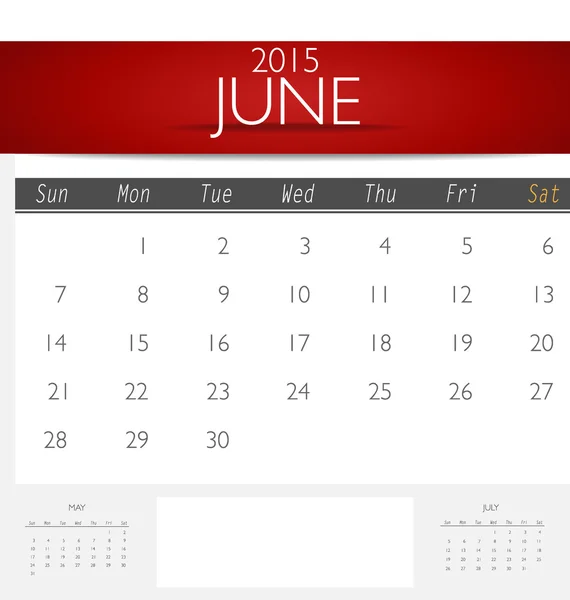 Enkel 2015 kalender, juni. vektor illustration. — Stock vektor