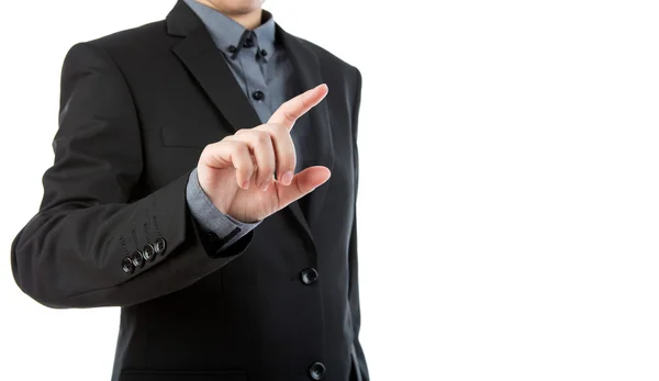 Business man touching an imaginary screen against white backgrou — Stock Photo, Image