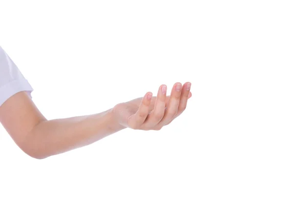 Vazio mão mulher segurando isolado no branco — Fotografia de Stock