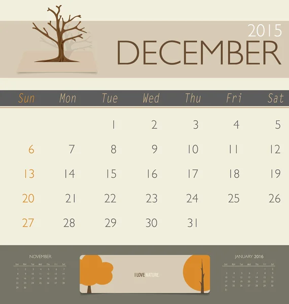 2015 kalender, maandelijks kalendersjabloon voor December. Vector il — Stockvector