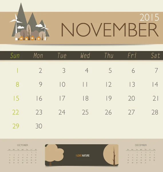 2015 kalender, maandelijks kalendersjabloon voor November. Vector il — Stockvector