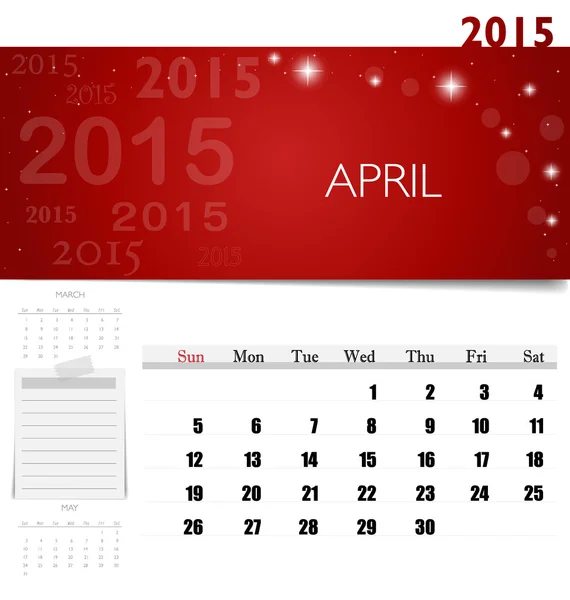 Calendario 2015, modello di calendario mensile per aprile. Illus vettoriale — Vettoriale Stock