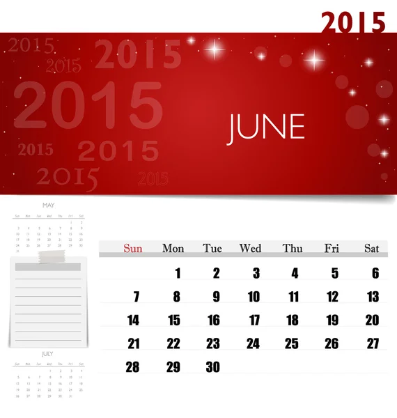 Calendario 2015, modello di calendario mensile per giugno. Polvere vettoriale — Vettoriale Stock