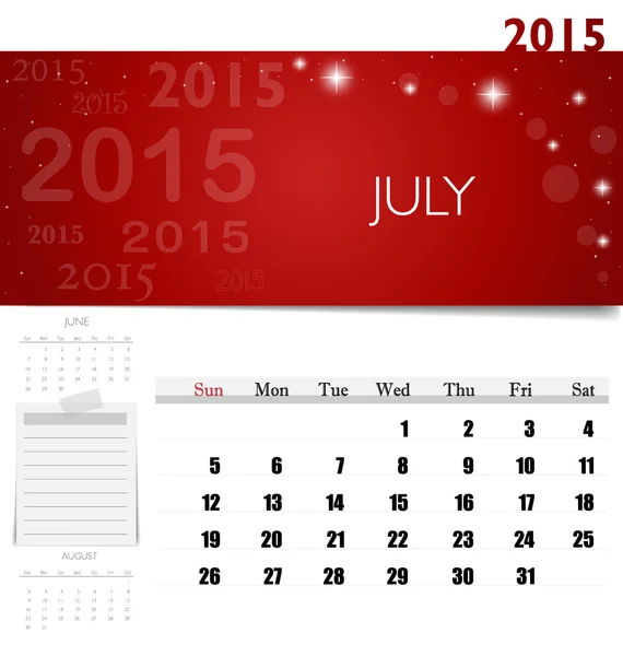 Calendario 2015, modello di calendario mensile per luglio. Polvere vettoriale — Vettoriale Stock