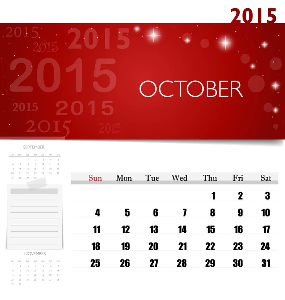 2015 kalender, maandelijks kalendersjabloon voor oktober. Vector ziek — Stockvector