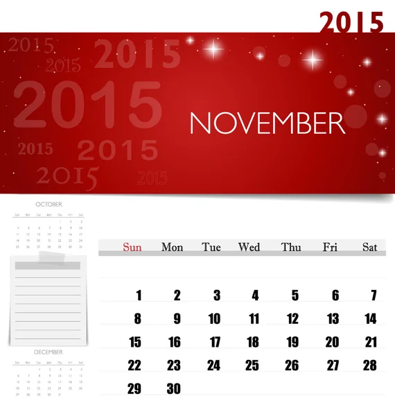 2015 takvim, Kasım için aylık takvim şablonu. Vektör Il — Stok Vektör