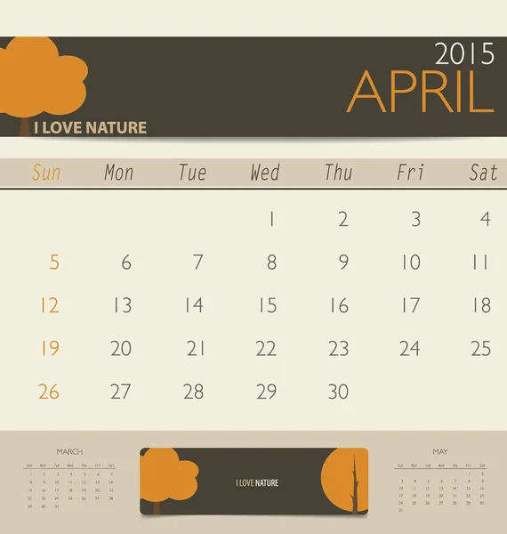 Календарь 2015 года, шаблон календаря на апрель. Векторное безразличие — стоковый вектор