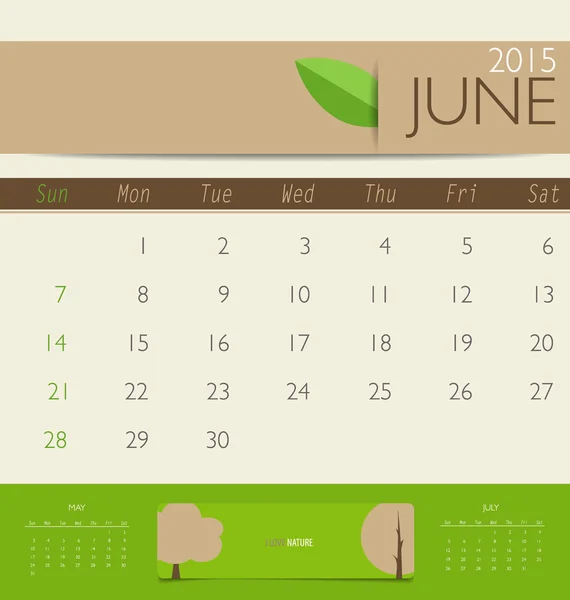 2015 kalender, månadsvis kalendermall för juni. Vector illust — Stock vektor