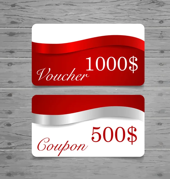 Gift Cards, verkoop coupon, voucher met rode linten en zilveren rib — Stockvector