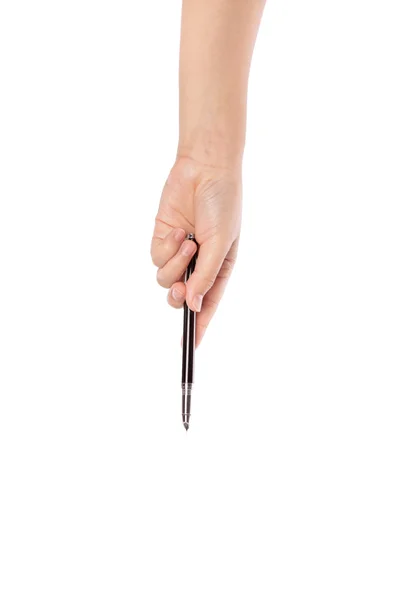 Mãos com caneta sobre papel isolado sobre fundo branco — Fotografia de Stock