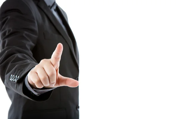 Business man touching an imaginary screen against white backgrou — Stock Photo, Image