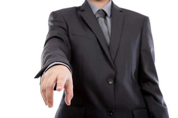 Homem de negócios tocando uma tela imaginária contra backgrou branco — Fotografia de Stock
