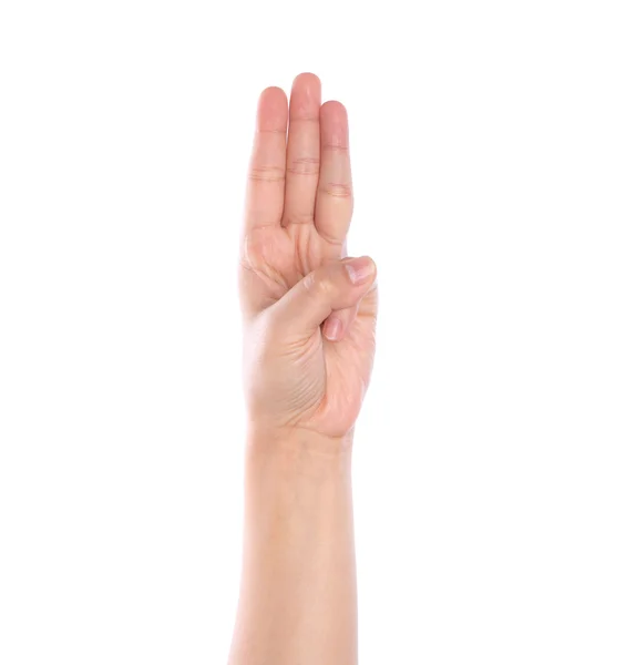 La mano muestra tres dedos aislados sobre fondo blanco —  Fotos de Stock