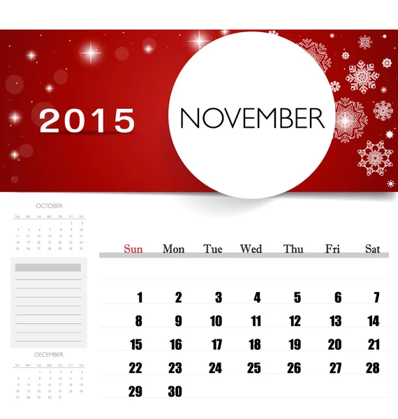 Календар 2015 року, щомісячний шаблон календаря на листопад. Вектор іл — стоковий вектор