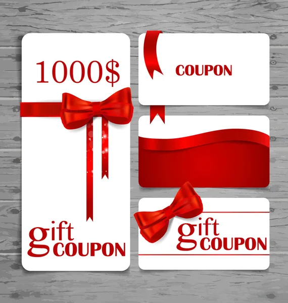 Holiday Gift Coupons met cadeau bogen en linten. Vector illustra — Stockvector