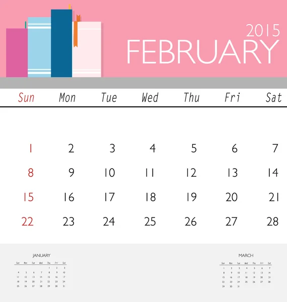 2015 calendario, plantilla de calendario mensual para febrero. Vector il — Archivo Imágenes Vectoriales