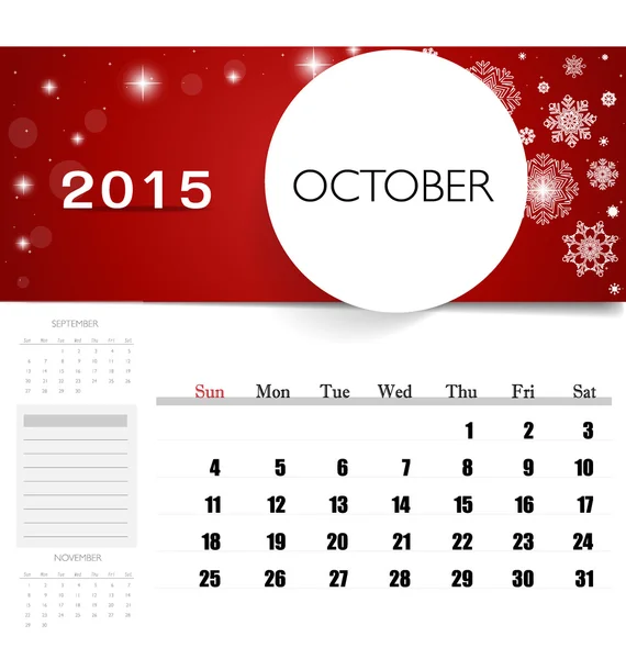 2015 kalendář, měsíční šablony Kalendář na říjen. Vektor nemocných — Stockový vektor