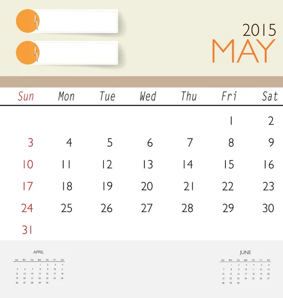 2015 calendario, plantilla de calendario mensual para mayo. Vector illustr — Vector de stock