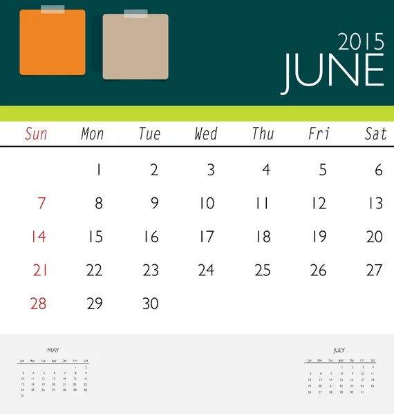 2015 calendar, monthly calendar template for June. Vector illust — Stock Vector