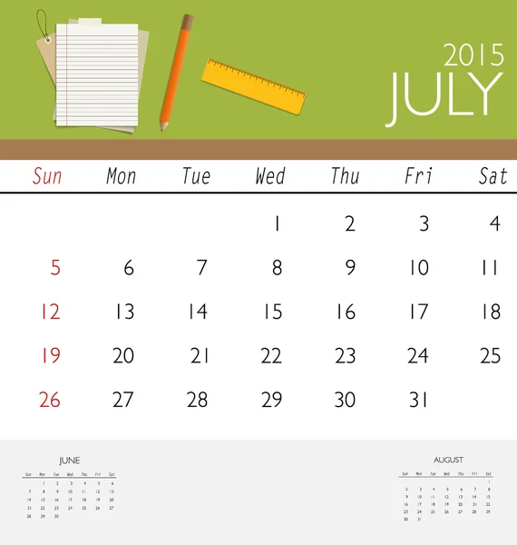 2015 calendario, plantilla de calendario mensual para julio. Ilustración vectorial — Vector de stock