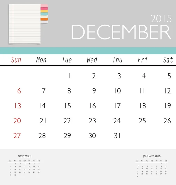 2015 takvim, Aralık için aylık takvim şablonu. Vektör Il — Stok Vektör